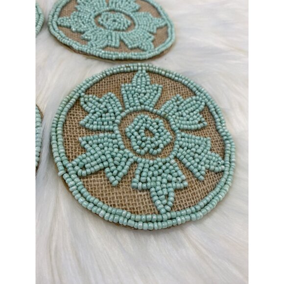 ⭐ 3/$15 Teal Beaded Floral Coasters Set Of 4 Round Design - Picture 3 of 4